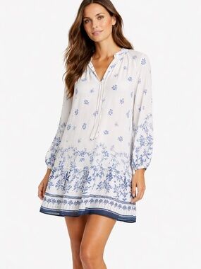 Rachel Zoe Blue Floral Peplum Tunic Dress XL White Boho Lightweight